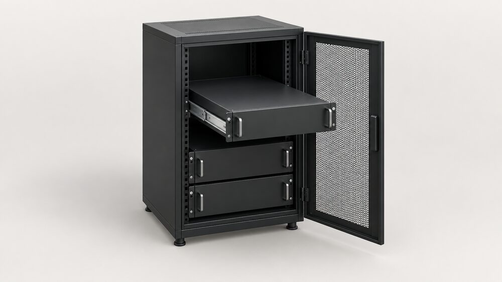 A close-up of a flat, rectangular server-rack battery module being slid into an open black equipment cabinet, with two identical flat modules already stacked one above another below it inside the cabinet, standing on a plain floor with nothing else around.
