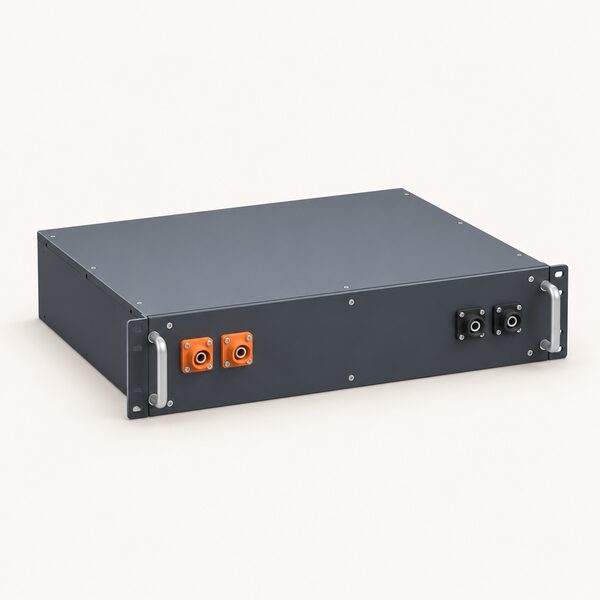 A single stackable 48V 5.12kWh server rack battery module shown as a plain rectangular unit with rack-mount handles and connection terminals, standing alone on a simple floor so its role as the building block for larger cabinet bundles is clear.