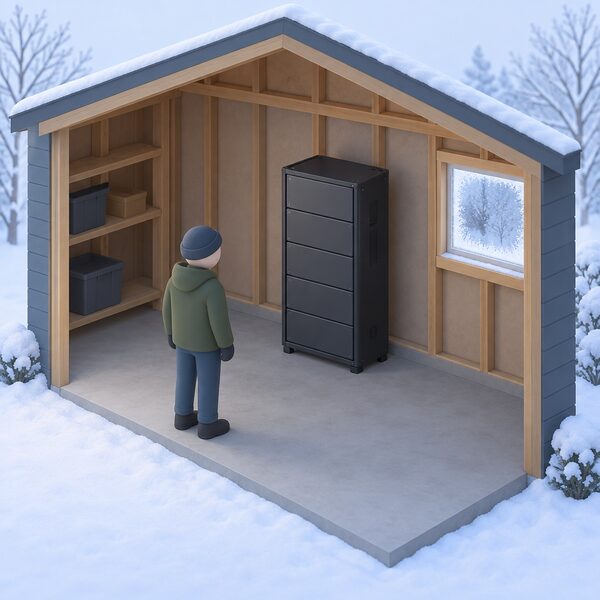 A rack battery standing on the floor of an unheated garage on a cold winter morning, with frost visible on a small window and a simplified isometric figure nearby, the battery shown idle and not connected to any active charging.
