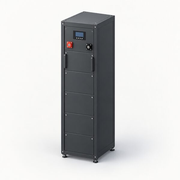 A single 48V 5.12kWh server rack battery module standing alone on a plain surface, drawn as a tall narrow rack-format unit with a simple terminal and display panel, with no inverter, cabling to other equipment or installation shown, to convey a battery-only product.