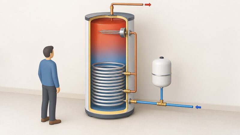 A cutaway diagram of a mains-pressure unvented heat pump cylinder showing an oversized lower coil, an immersion heater near the top, and an expansion vessel connected to the cold water inlet pipework.
