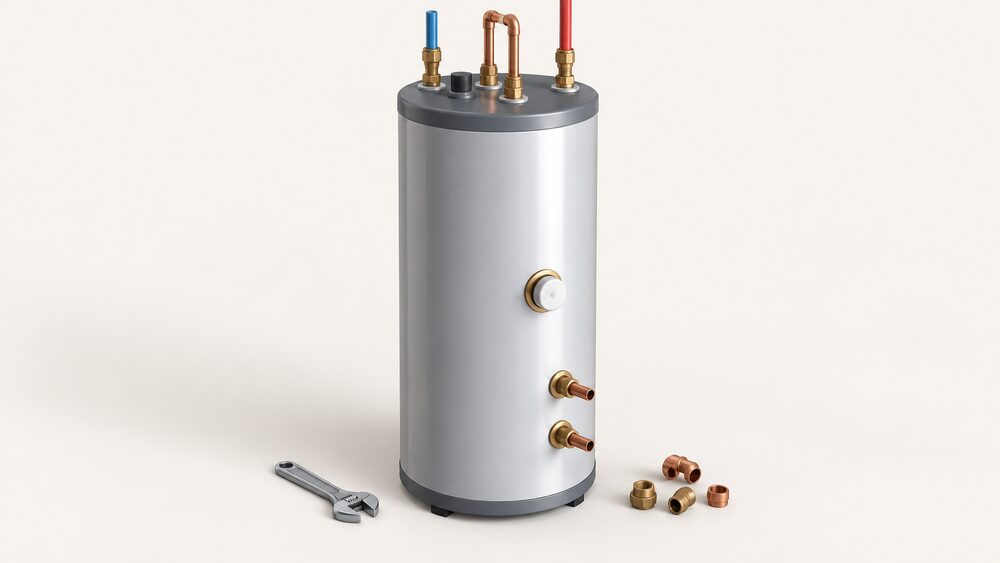A tall stainless steel unvented hot water cylinder standing centrally in close-up, with its insulated jacket, cold feed and hot outlet pipes at the top, a large heating coil connection and an immersion heater boss, beside a spanner and pipe fittings on the floor.