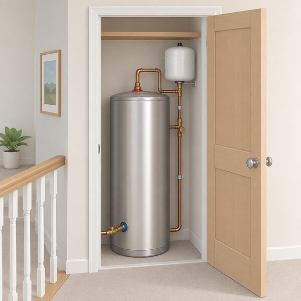 A plain stainless steel unvented hot water cylinder standing upright indoors in a home airing cupboard, with its insulated body, cold feed, hot outlet and expansion vessel pipework shown simply, and no branding or labels carrying readable content.