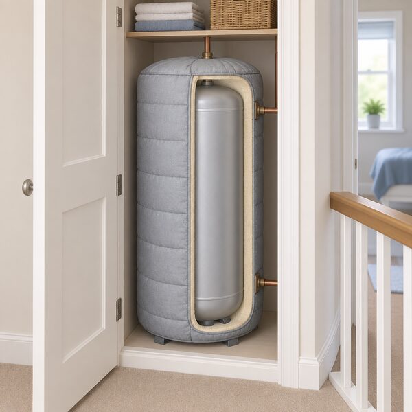 A vertical hot water cylinder in an airing cupboard fitted with a thick quilted insulating jacket, with a cutaway or ghost outline showing the bare metal shell beneath so the jacket visibly adds to the cylinder's external diameter and height.