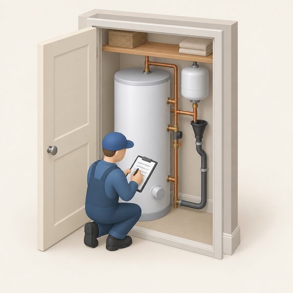 A small isometric engineer in plain work clothing kneels beside a newly installed unvented hot water cylinder in an airing cupboard, filling in a Benchmark commissioning checklist on a clipboard, with the cylinder's pipework, tundish and expansion vessel visible around it.
