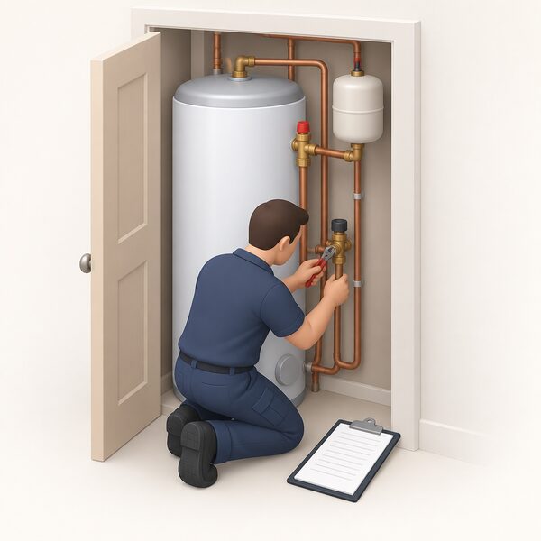 A service engineer kneels beside an unvented hot water cylinder in an airing cupboard, tools in hand, checking the expansion valve, temperature and pressure relief valve and the connected pipework during the annual servicing visit, with a Benchmark service record sheet on a clipboard nearby.