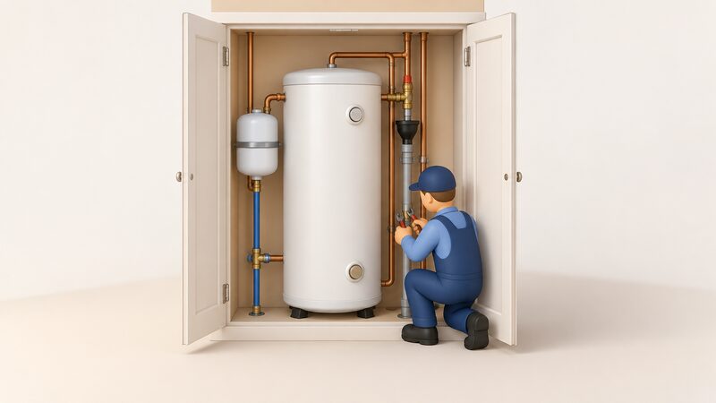 An airing cupboard cutaway showing an unvented hot water cylinder with a small expansion vessel on the cold inlet pipe, a tundish below the safety valves and a discharge pipe running down, while a simplified engineer figure works on the pipework.