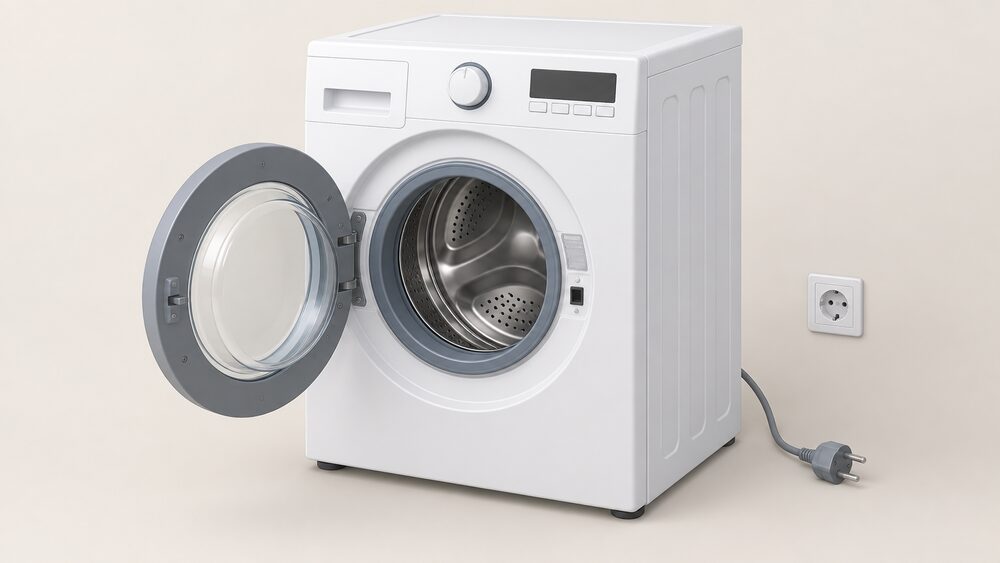 A close-up of a washing machine with its door open, the rating plate visible inside the door opening, and its mains plug pulled out and resting beside an empty wall socket, with no one using the machine.