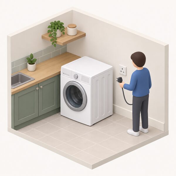 An unused washing machine in a kitchen utility space, its door closed and unplugged from the wall socket, with a small isometric figure standing beside it having just withdrawn the plug, showing the appliance stopped from use until the manufacturer checks it.