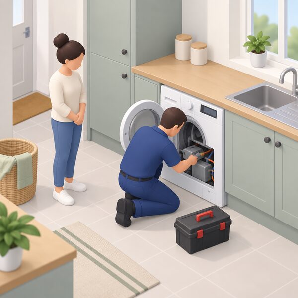 A manufacturer's engineer in plain work clothes, carrying a small toolbox, kneels beside a washing machine in a kitchen utility space with the door panel open, inspecting the appliance's internal components while the householder stands nearby waiting.