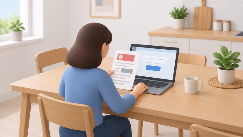 A kitchen table scene with a recall notice letter lying flat beside an open laptop whose screen shows a plain serial number checker page, with a simplified figure seated and comparing the letter against the screen.
