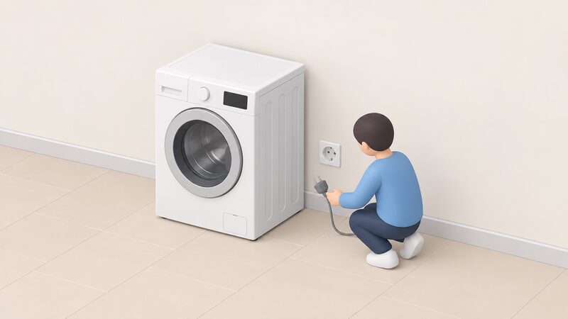 A front-loading washing machine standing against a kitchen wall with its power plug pulled out and resting on the floor beside an empty wall socket, a small isometric figure having just withdrawn the plug, showing the appliance isolated while awaiting inspection.