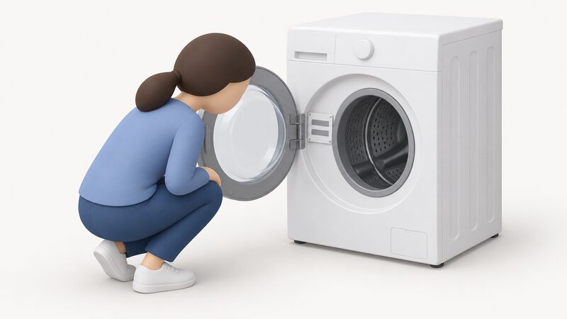 A front-loading washing machine with its door open, revealing a small rating plate fixed inside the door opening, with a simplified figure leaning in to read the model and serial number shown as blank lines on the plate.
