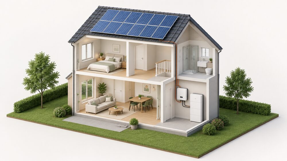 A cutaway house with solar panels on the roof, a wall-mounted string inverter on an indoor wall, and a tall battery unit standing beside it, all connected by cabling.