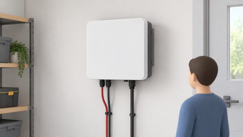 A plain white wall-mounted residential string inverter with its cover in place, mounted on an interior wall with DC and AC cable entries at its base, drawn as a simple product-style view with no visible text or markings.