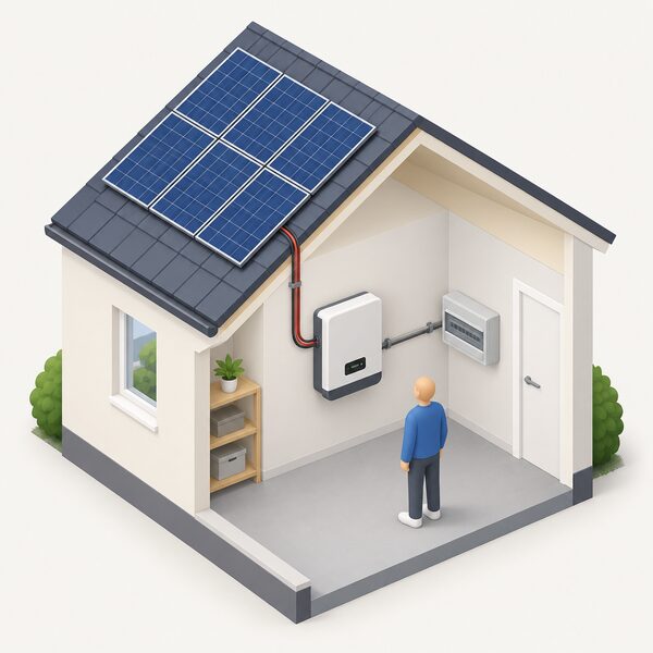 A small isometric figure stands beside a domestic solar inverter mounted on an indoor wall, with a DC cable from the roof panels entering one side and an AC cable leaving the other toward the home's consumer unit.