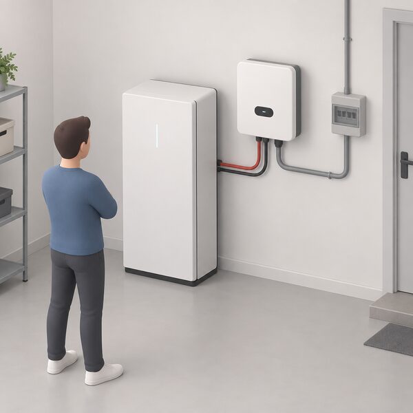 A tall floor-standing all-in-one battery cabinet standing beside a wall-mounted single-phase solar inverter in a plain utility space, shown as a matched packaged pair with simple cabling between them and to the home supply.