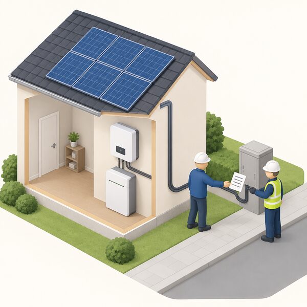A simplified isometric house with a wall-mounted solar inverter and battery inside, a cable running from the inverter to a grid connection outside, and an installer figure handing a registration form toward the local distribution network operator's connection point.