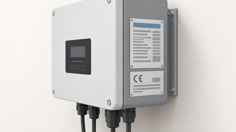 A close-up view of the side of a wall-mounted solar inverter showing its certification label and type plate as physical objects, with blank lines and plain blocks standing in for the model code, CE marking area and certificate references, so the label can be read as identifying the applicable certificate.