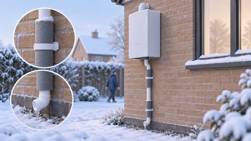 An external house wall in winter with a white condensate pipe running down from a wall-mounted boiler, sections of the pipe wrapped in insulation lagging, with frosty conditions suggesting freezing risk.
