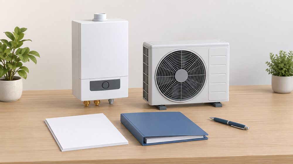 On a table, a small model of a wall-hung gas combi boiler stands beside a small model of an outdoor heat pump fan unit, with blank paperwork, a service record folder and a pen arranged in front of them.