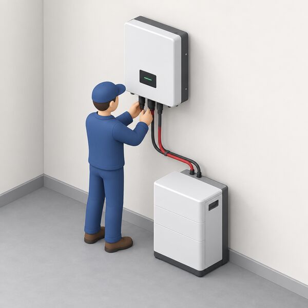A wall-mounted energy storage inverter box indoors on a plain utility-room wall, with a simplified isometric figure of an installer checking its connections, and cabling running from the inverter down to a battery unit on the floor beside it.