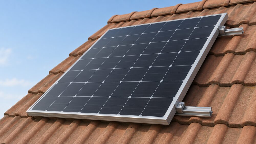 A close-up of a single monocrystalline solar panel mounted on a UK house roof in daylight, its dark grid of cells and aluminium frame clearly visible, with a corner of the tiled roof and mounting rails beneath it and nothing else in the scene.