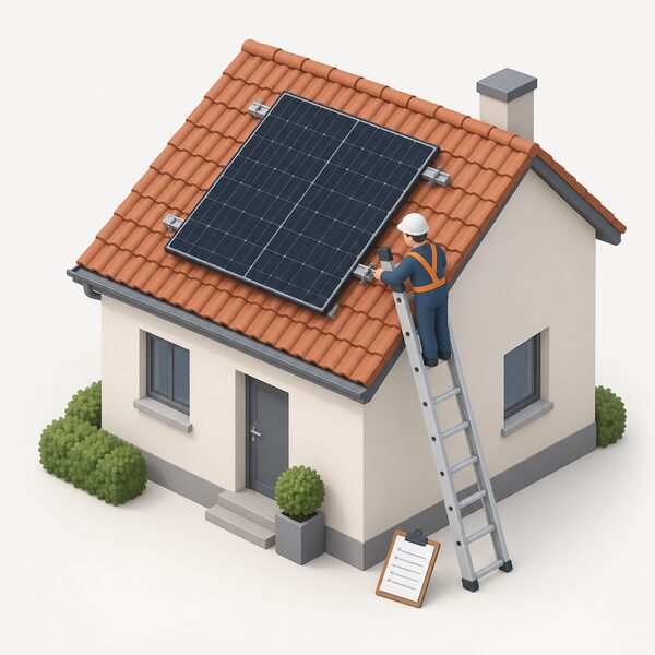 A dark rectangular solar panel fitted flush on the tiled slope of a house roof, with a small isometric installer figure on a ladder beside it checking the mounting, and a printed datasheet sheet resting on a clipboard at the foot of the ladder.