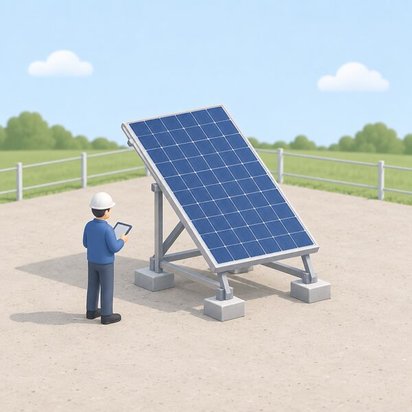A single solar panel mounted on a simple outdoor test rig in an open testing area, angled toward the sky, with a small isometric technician nearby checking it, shown as an independent laboratory exposure test rather than a rooftop installation.
