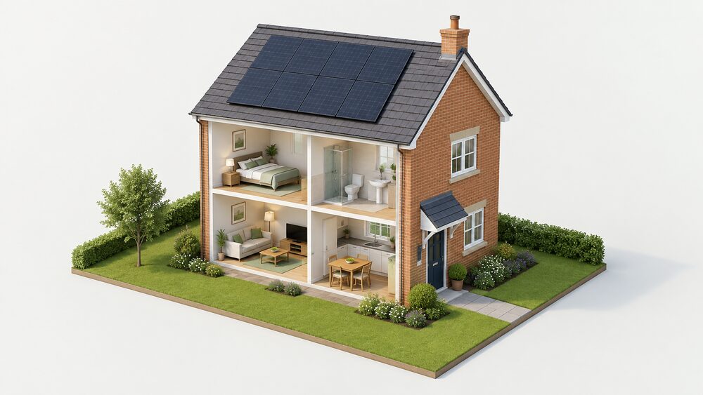 A UK house with dark solar panels fixed flat against the slope of its pitched roof, seen from outside on a clear day, with no other equipment shown.