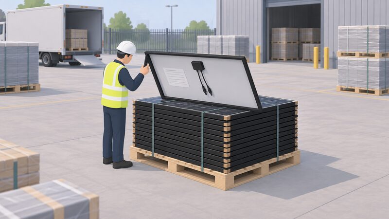 A pallet of black-framed solar modules stacked in a UK distribution yard, the top panel tilted so its rear label is visible, with a simplified figure of a worker checking it.