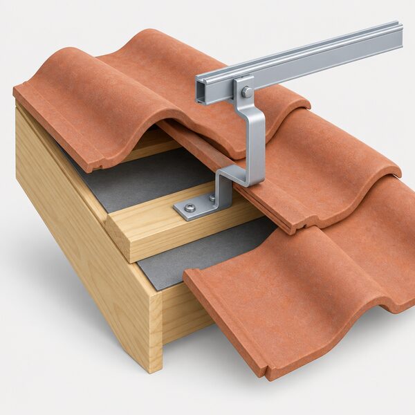 A cutaway corner of a UK tiled roof showing one metal roof hook screwed to a wooden batten, its base under a lifted pan tile and its upright arm rising clear above the tile to carry a horizontal mounting rail.