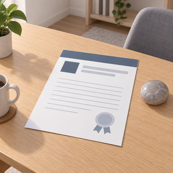 A printed MCS certificate sheet lying on a table in a home, shown as a physical document with a header band, a plain emblem block and blank ruled lines where the listing details would appear, beside a small paperweight.