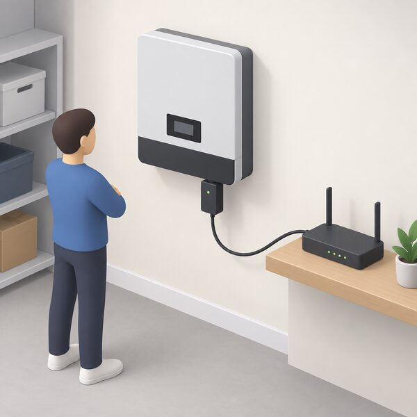 An indoor utility room wall with a solar inverter mounted on it, a small monitoring dongle plugged into the inverter and a cable running from the dongle to a household broadband router nearby, shown as a simple isometric scene.