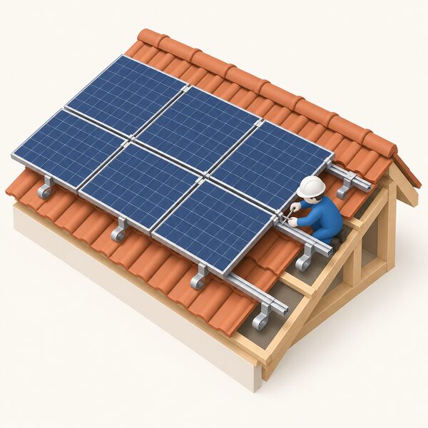 A cutaway isometric view of a tiled UK roof with solar panels fixed on horizontal mounting rails held just above the tiles by roof hooks and clamps, with a small simplified installer figure tightening one clamp.