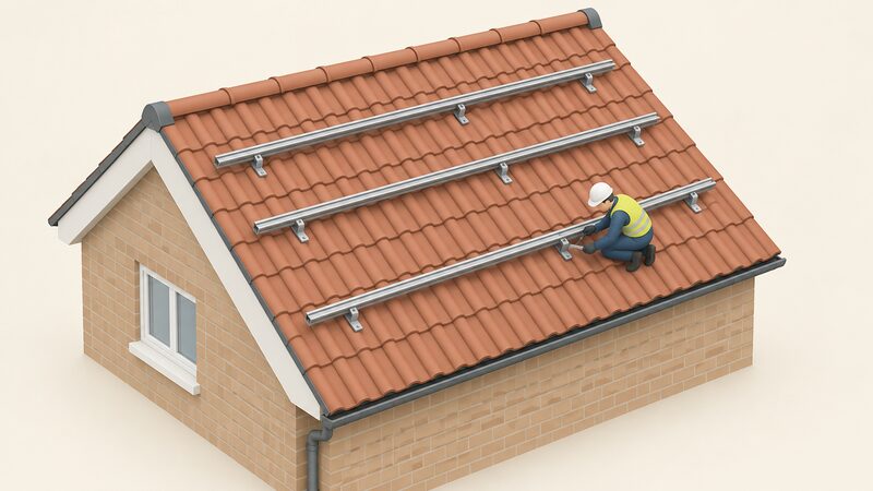 A pitched UK roof with a row of aluminium mounting rails fixed down through roof hooks, laid out ready for solar modules, with a small isometric installer figure tightening one roof-hook fixing while the bare rails run across the tiles with no modules or clamps fitted yet.