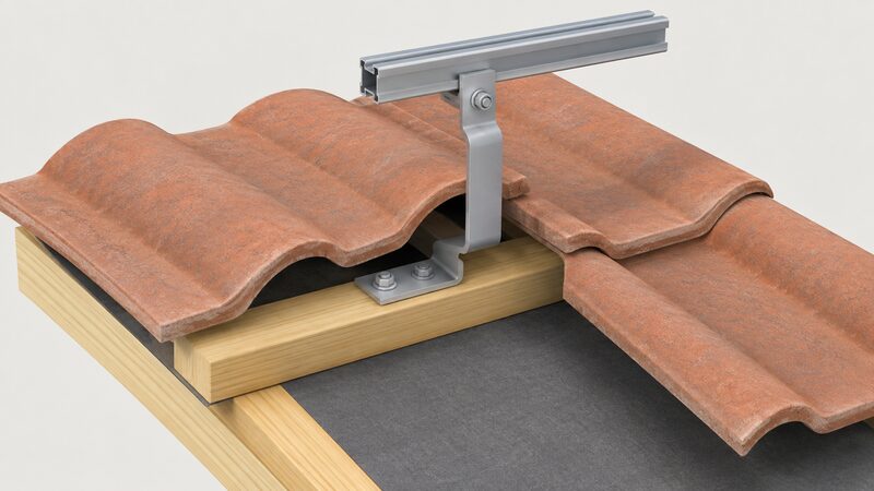 A cutaway roof edge scene showing a metal roof hook bolted to a timber batten, with a concrete pan tile lifted over the hook's base plate and a mounting rail carried on the hook above the tile covering.