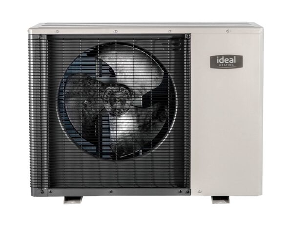 An Ideal Logic Air 5kW air source heat pump outdoor unit with fan grille and Ideal Heating badge on a white background
