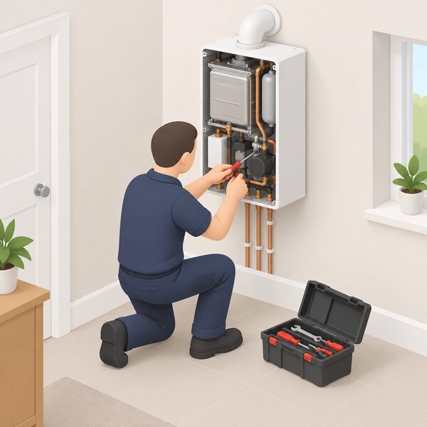 A service engineer in plain work clothing kneeling beside a wall-mounted gas boiler in a UK home, front casing removed and using tools on the internal components, with a small toolkit open on the floor beside them.