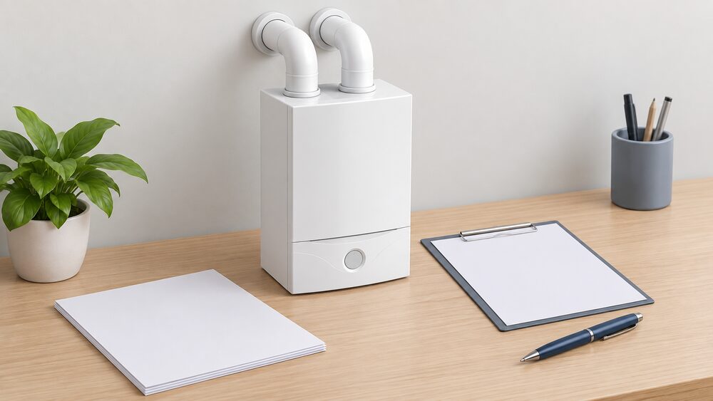 A small model of a wall-hung gas boiler with two separate flue pipes standing on a desk beside blank warranty paperwork, a blank registration form and a pen, all lit by plain daylight.