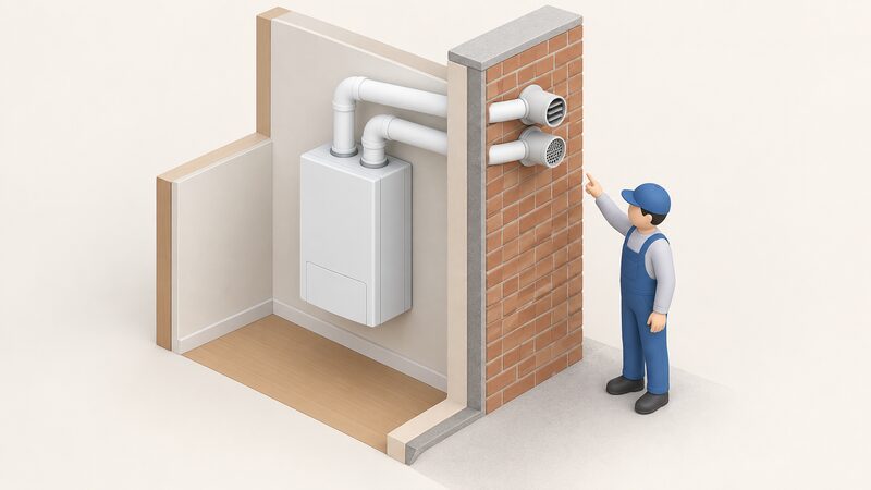 A wall-mounted gas boiler shown in cutaway isometric view with two separate pipes leaving its top and passing through an external wall: one drawing air in from outside and one expelling flue gases, with a small installer figure beside it pointing to the two distinct terminals.