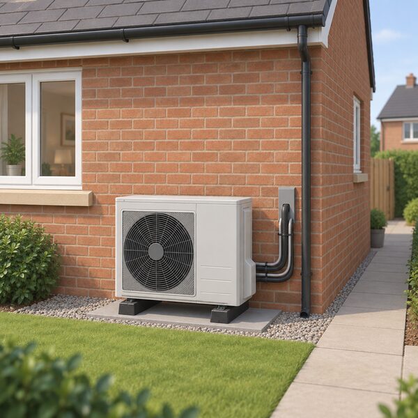 A single air source heat pump unit standing on the outside wall of an ordinary UK brick home, with its pipework entering the house, shown plainly as the everyday counted equipment rather than any branded product.