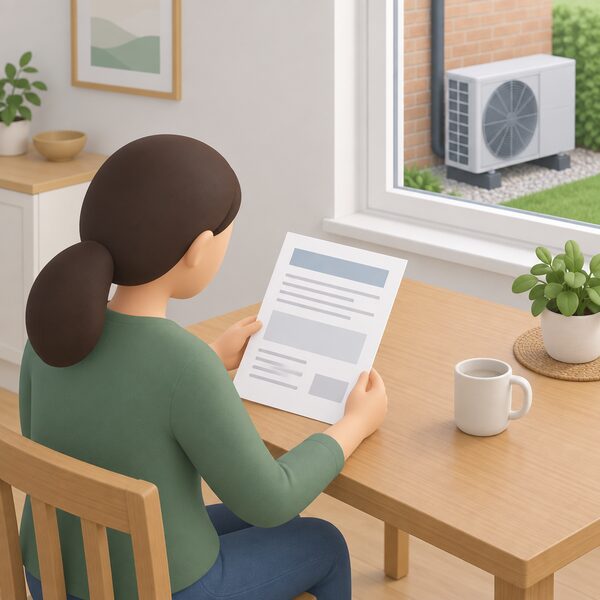 A printed warranty document lying on a table in a home, shown as a physical paper with blank lines and plain blocks for its terms, beside a small simplified figure holding or reading it, with an outdoor heat pump unit visible through a window.