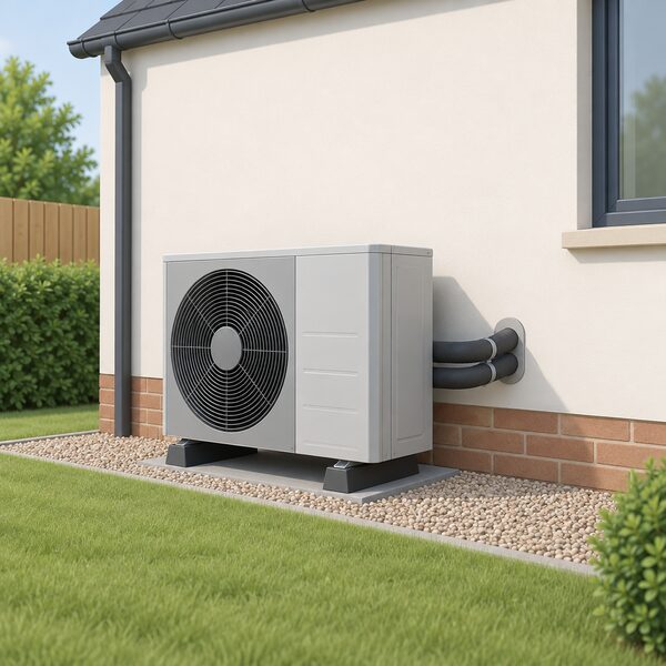 A monobloc air source heat pump unit standing on the ground outside the external wall of a house, with insulated flow and return pipework entering the building, drawn as a simple exterior scene with no people.