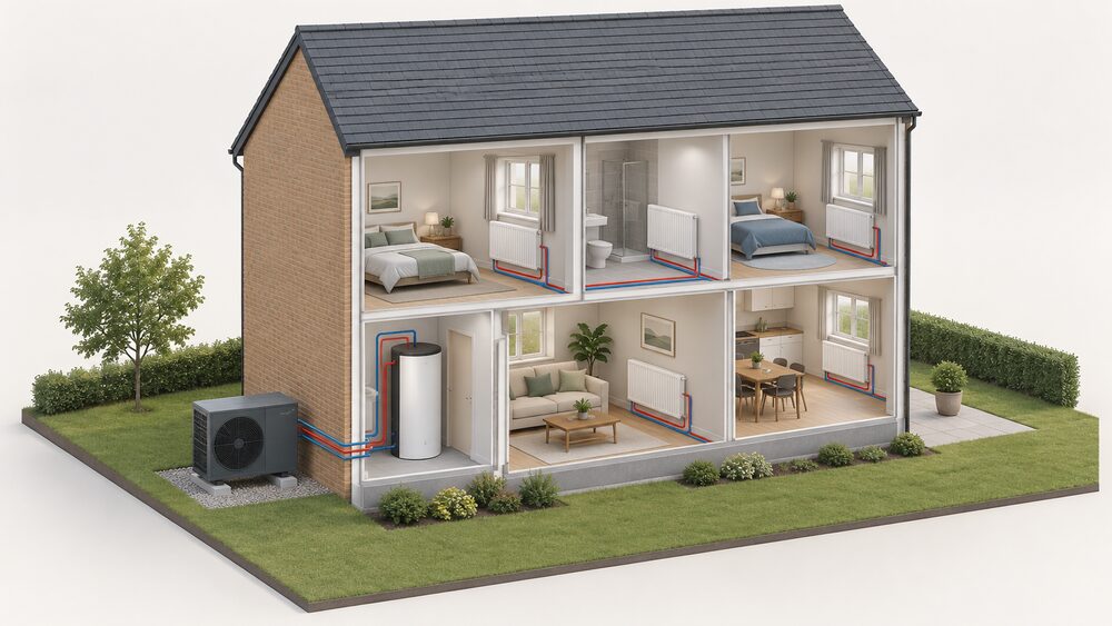 A cutaway house with a single LG Therma V R290 monobloc air source heat pump unit standing on the ground outside an external wall, connected by water piping that runs through the wall to a hot water cylinder and radiators inside the rooms.