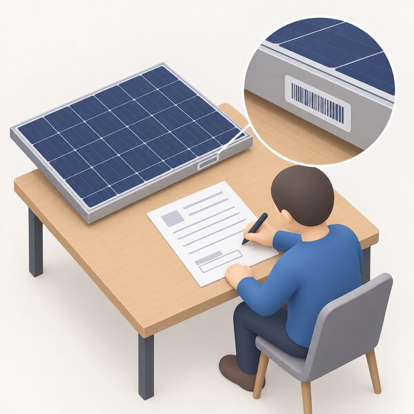 A commissioning document lying on a table beside a solar panel, with a close view of the serial number label on the panel's frame and a simplified figure completing the form with a pen.