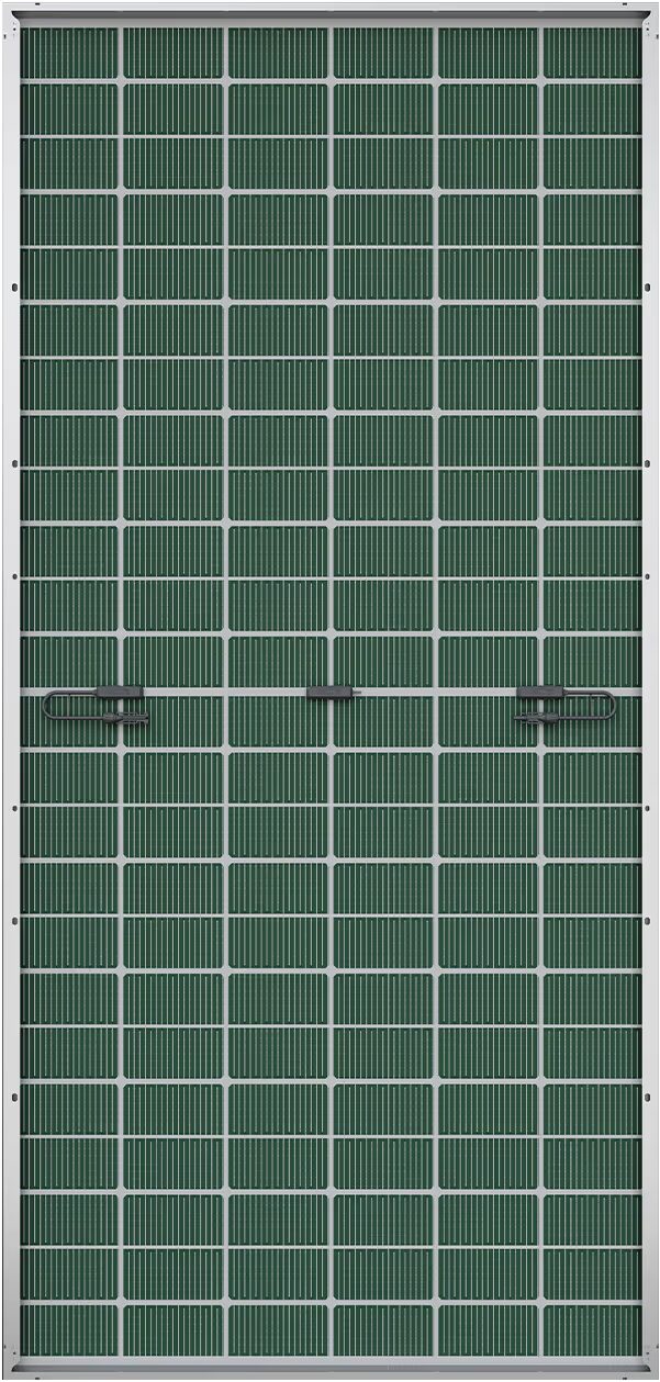 A LONGi dual-glass solar panel shown front-on with green anti-glare cells in a silver frame