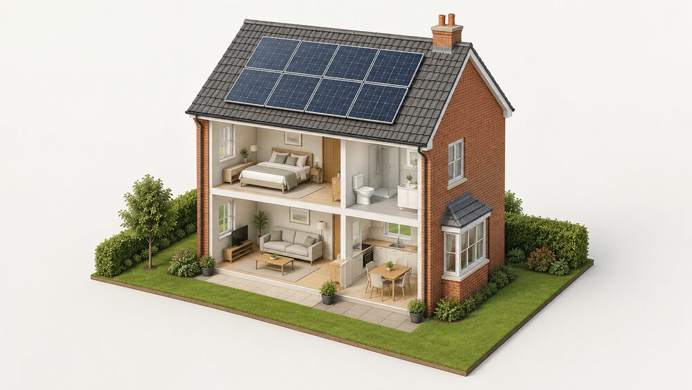 A typical UK pitched-roof house with a solar panel array fitted close to the tiles on the roof slope, the panels' silver aluminium frames visible, and nothing else added to the scene.
