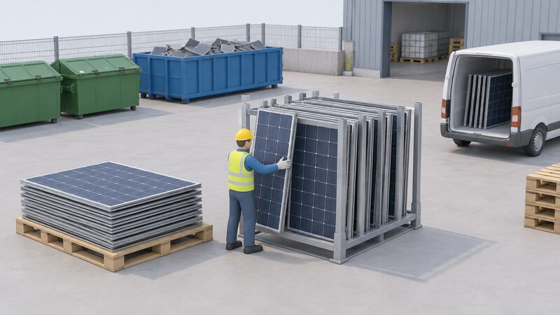A plain industrial recycling yard where a worker in simple clothing stacks decommissioned solar panels upright in a metal rack beside a collection pallet, with a small van and waste containers in the background of the end-of-life handling facility.
