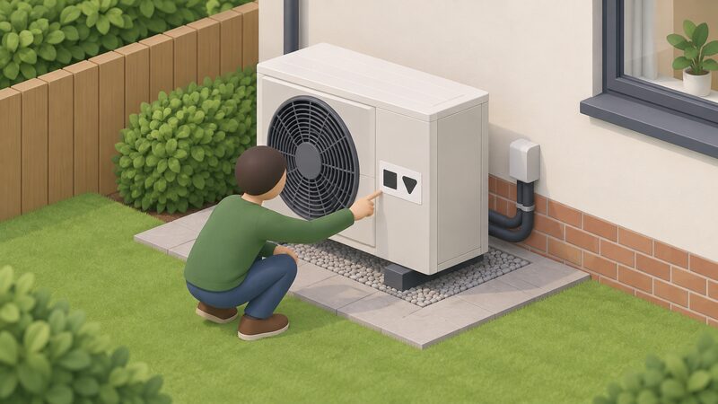 A small isometric figure of a homeowner crouching beside an outdoor air-source heat pump in a garden, pointing at a certification label fixed to the unit's side, the label showing two plain blank mark shapes side by side to represent the combined MCS and Kitemark certification on the same product.